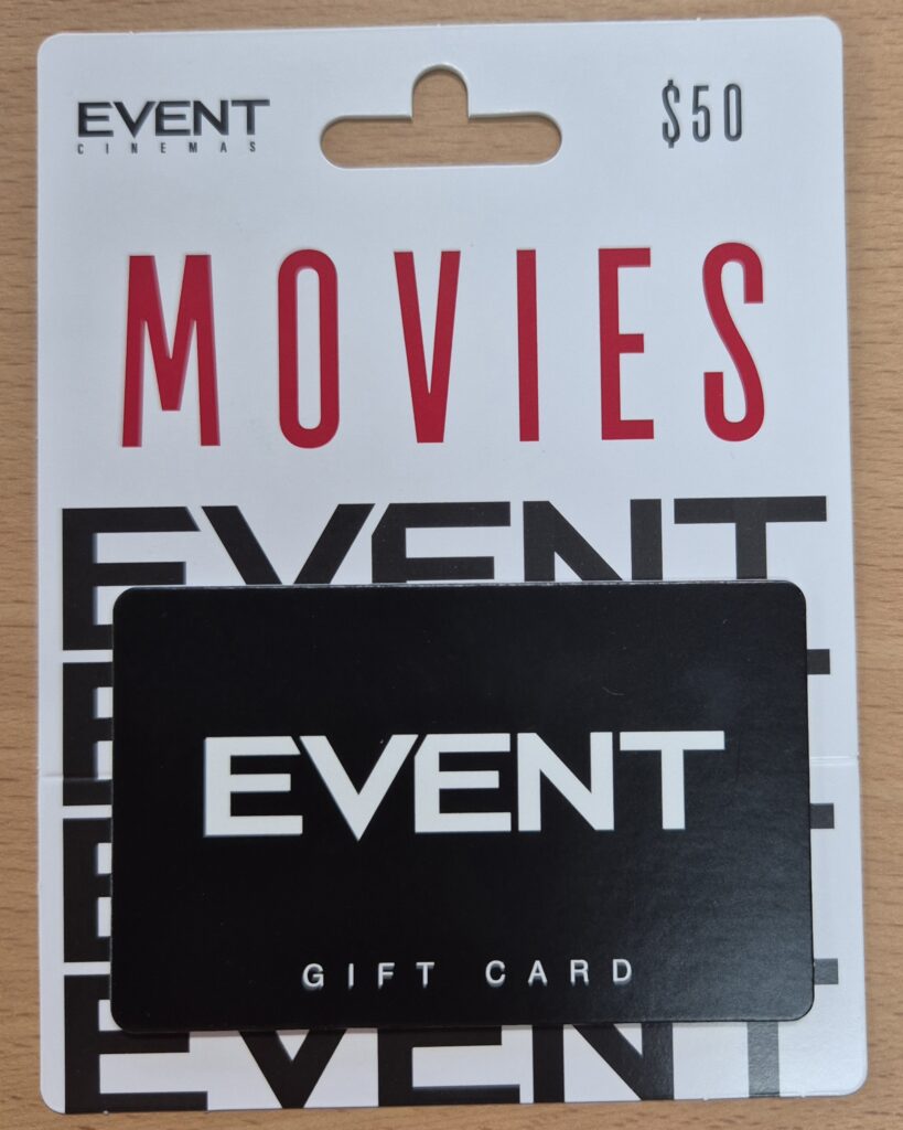 Event Cinemas $50 gift card on wooden surface