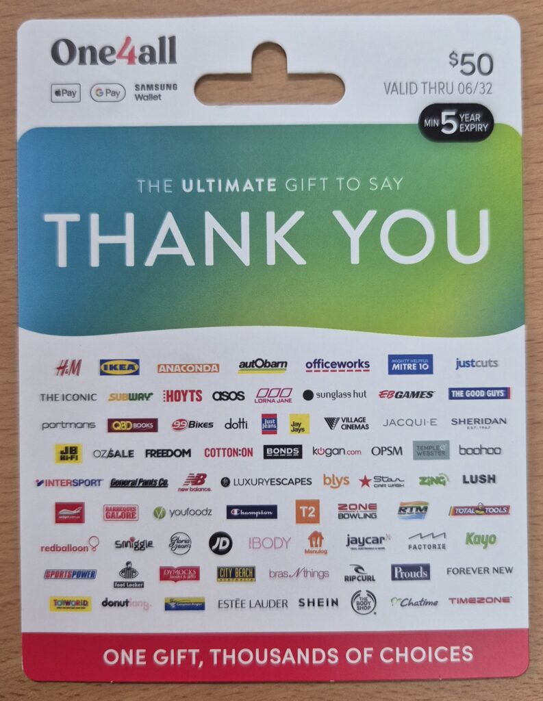 One4all $50 Thank You gift card packaging
