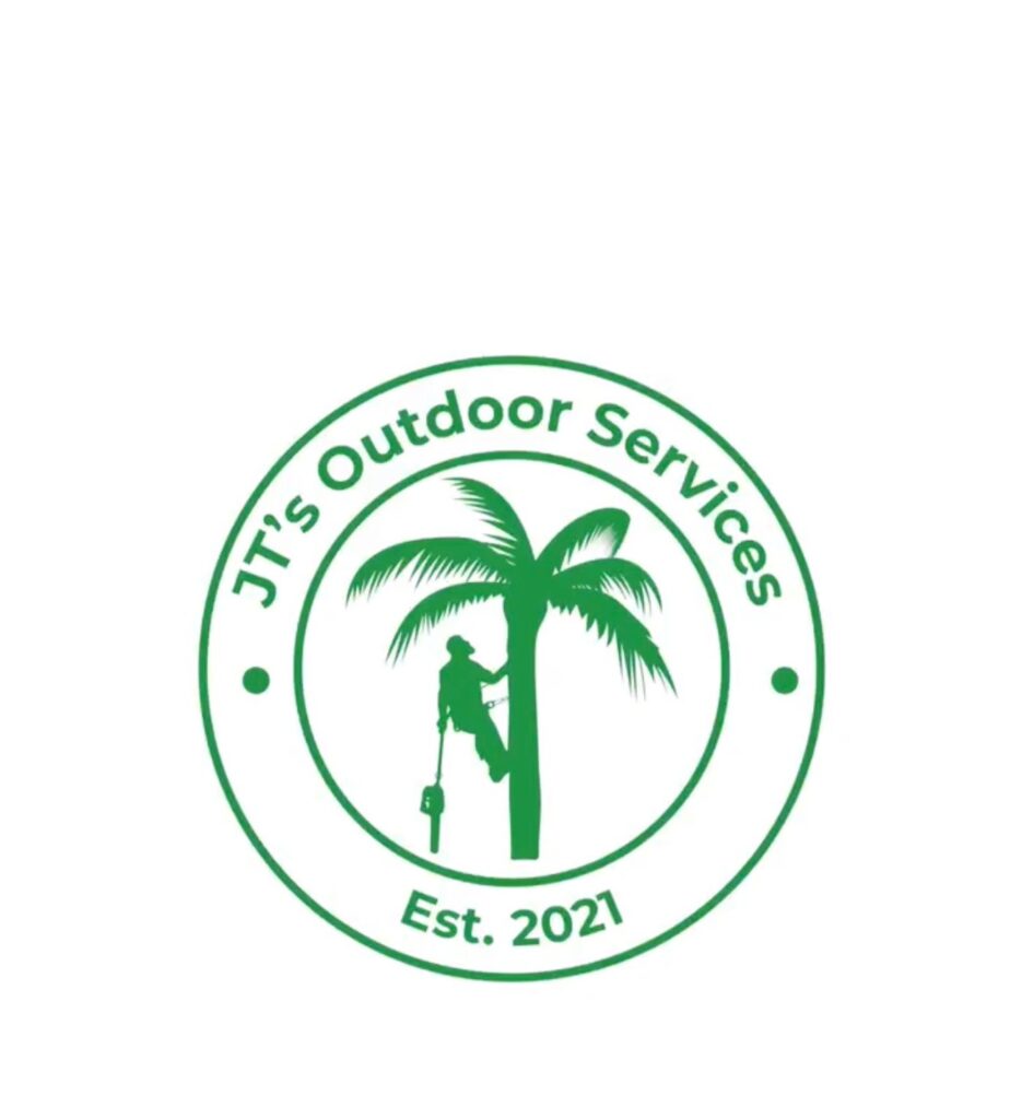 JT's Outdoor Services logo with palm tree climber