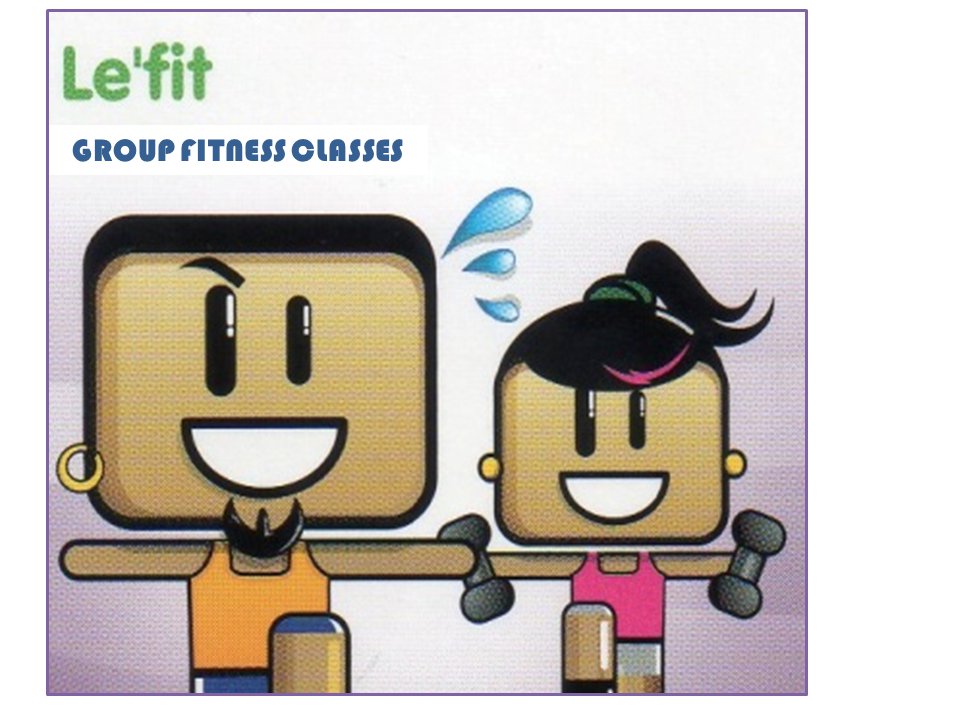 Cartoon characters promoting Le'fit group fitness classes