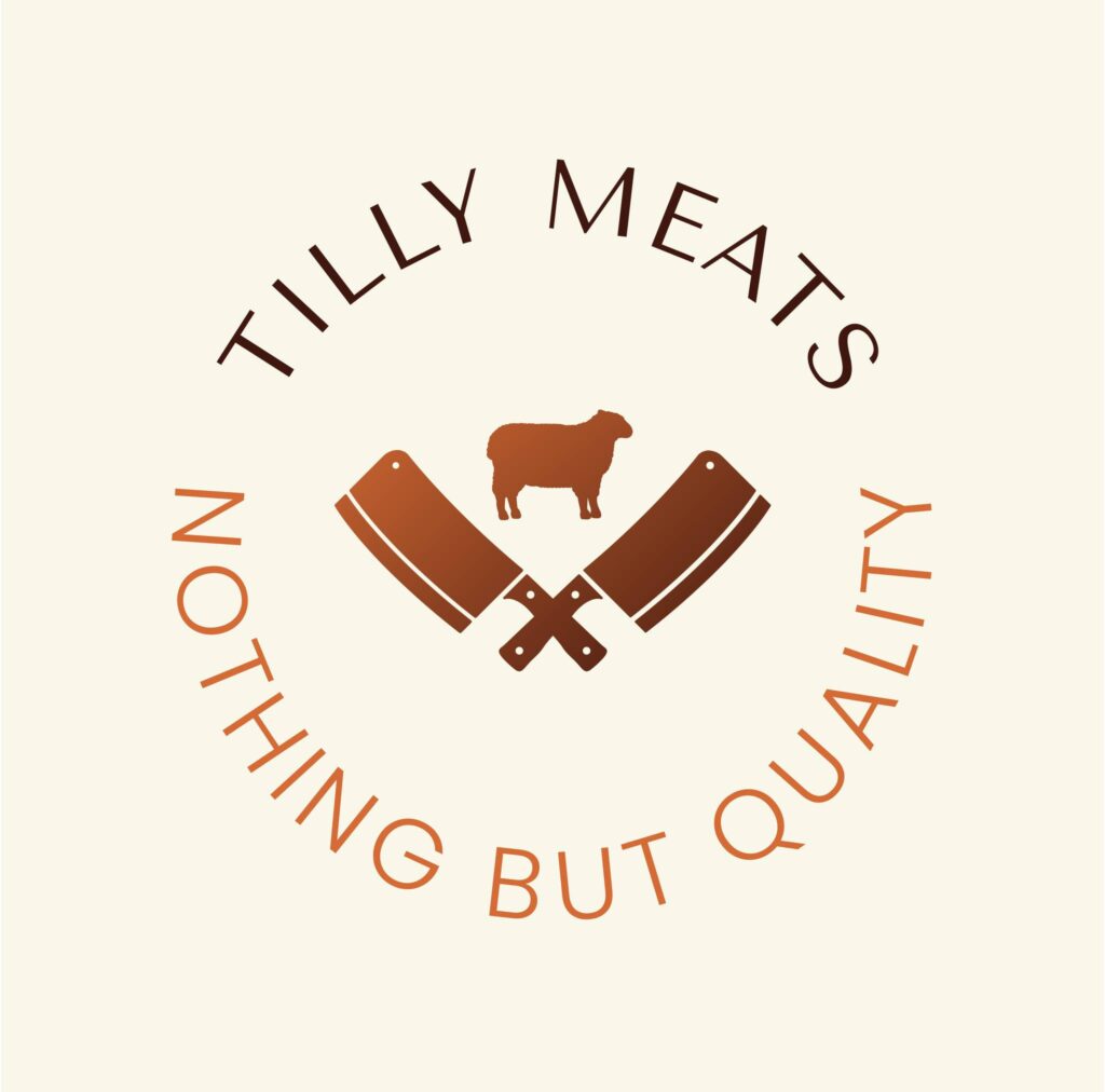 Tilly Meats logo with crossed cleavers and sheep